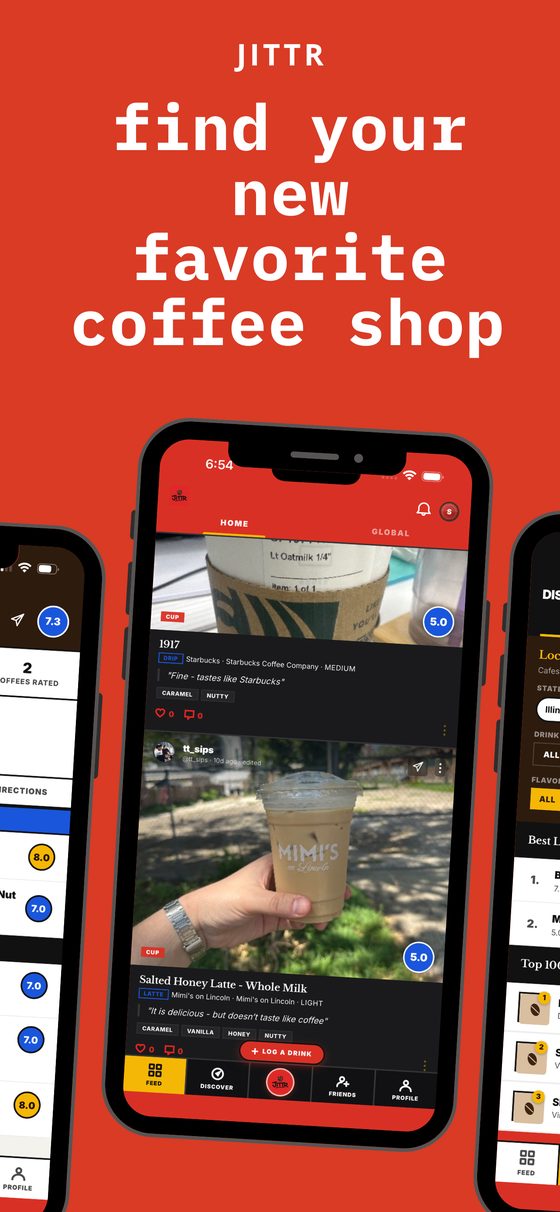 Home feed showing friends' recent coffee ratings with photos and flavor tags