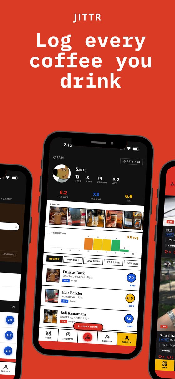 Jittr profile screen with cups logged, bag ratings, and score averages