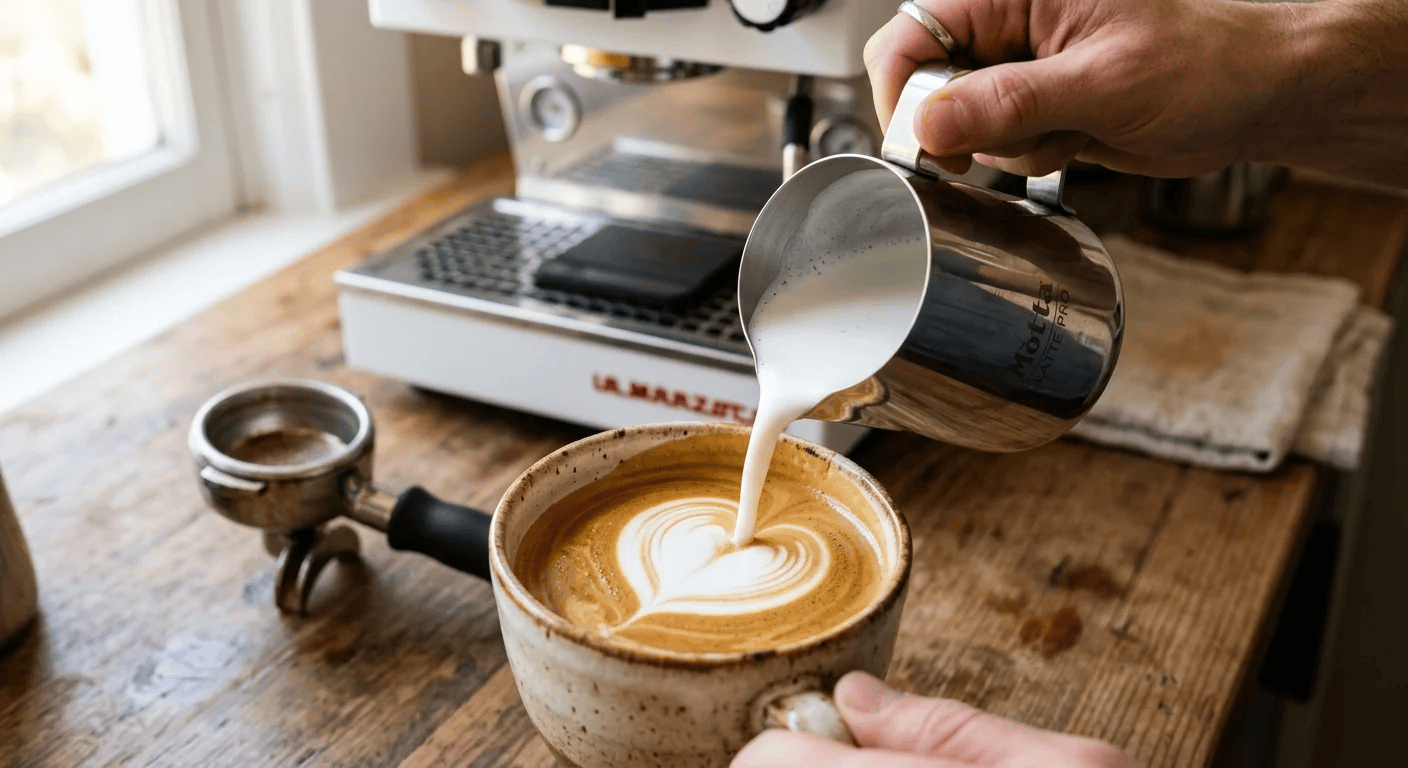 Barista pouring milk into a latte