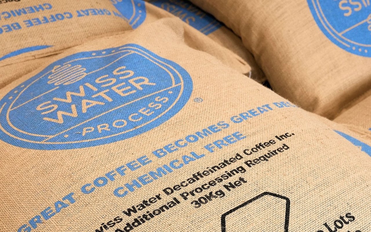 A bag of Swiss Water Process decaf coffee